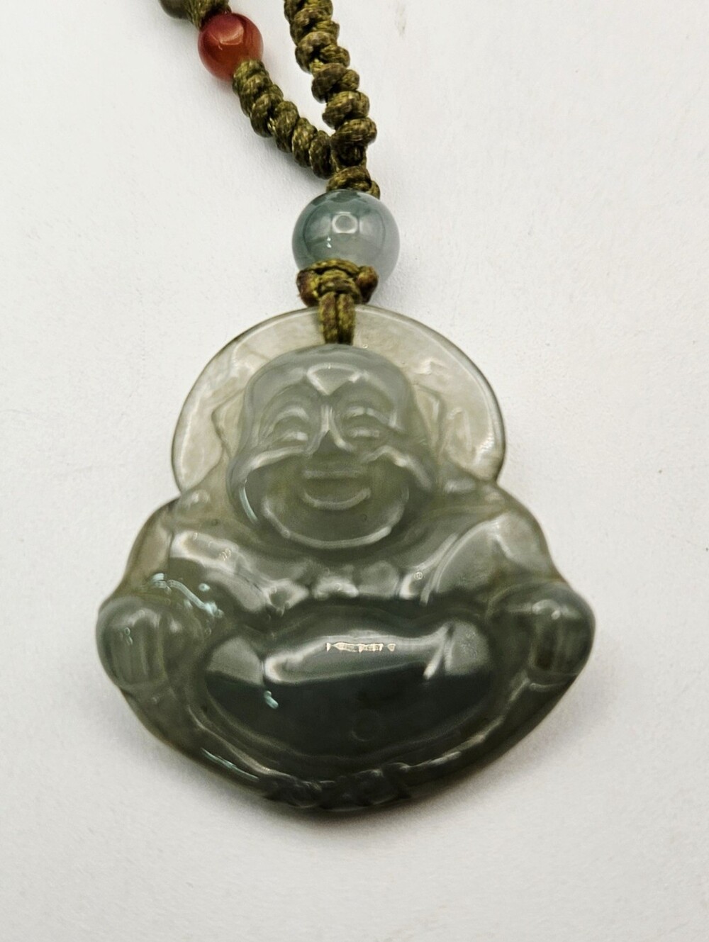 Carved Jadeite Laughing Buddha Pendant Necklace Green Beaded Cord